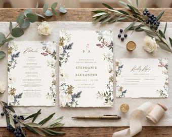 Invitación de boda con diseño floral neutro, elegante invitación botánica, tarjetas de RSVP y detalles, plantilla editable de Canva.