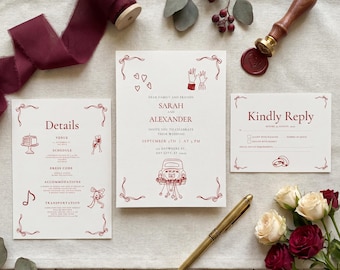 Invitación de boda en tonos burdeos con ilustraciones dibujadas a mano, estilo moderno y divertido, plantilla editable de Canva.