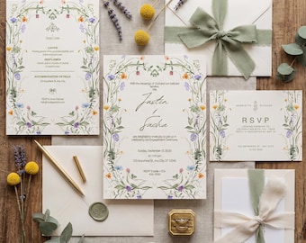 Conjunto de invitaciones de boda con flores silvestres, conjunto de invitaciones de boda con jardín botánico, tarjetas de confirmación de asistencia y detalles florales, plantilla editable de Canva
