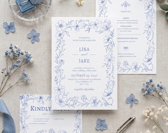 Invitación de boda floral en azul polvoriento, elegante diseño botánico lineal, plantilla editable de Canva