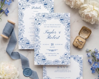 Invitación de boda con diseño floral azul, invitación clásica y elegante, con RSVP y detalles, plantilla editable de Canva.
