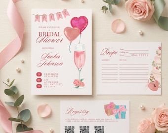 Invitación para despedida de soltera con cóctel rosa, set de despedida de soltera con temática de champán, tarjetas de invitación, recetas y registro, plantilla editable de Canva.