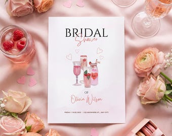 Invitación de despedida de soltera con cóctel rosa, temática romántica de champán, plantilla editable de Canva, invitación digital imprimible