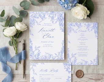 Invitación de boda con diseño floral azul, invitación botánica vintage con RSVP y detalles, plantilla editable de Canva.