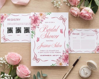 Invitación floral rosa ruborizada para despedida de soltera, set de novia romántico con jardín, tarjetas de invitación, recetas y registro, plantilla editable de Canva.