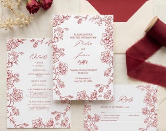 Invitación de boda floral burdeos, diseño botánico vintage, plantilla editable de Canva
