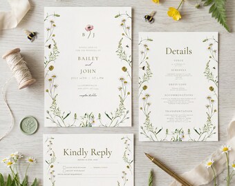Invitaciones de boda con flores silvestres bohemias, invitaciones florales botánicas, conjunto de invitaciones de boda con jardín rústico, plantilla editable de Canva