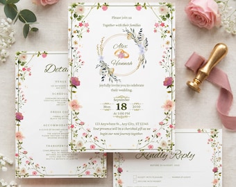Invitación de boda con flores ruborizadas, elegante invitación de boda en el jardín con detalles dorados, tarjetas de confirmación de asistencia y detalles, plantilla editable de Canva.