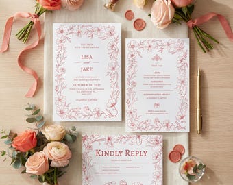 Invitación de boda con diseño floral ruborizado, arte lineal botánico romántico, plantilla editable de Canva