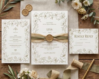 Invitación de boda con diseño floral neutro, elegante diseño botánico marrón, plantilla editable de Canva.