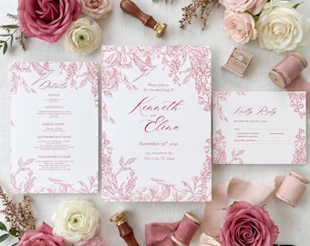 Invitación de boda floral en rosa ruborizado, romántica y elegante, con tarjeta de RSVP y detalles, plantilla editable de Canva.