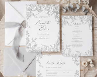 Invitación de boda botánica neutra. Elegante invitación floral en gris y blanco con tarjetas de confirmación y detalles. Plantilla editable de Canva.