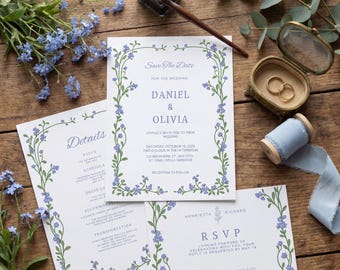 Invitación de boda con flores azules, invitación de boda en el jardín con tarjetas de confirmación de asistencia y detalles, plantilla editable de Canva.