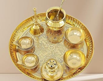 8-inch puur messing Pooja Thali-set – ingewikkeld gesneden feestelijk pujabord