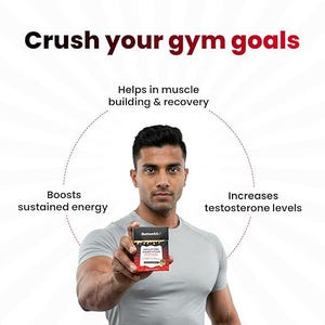 Puede incluir: Un hombre con una camiseta gris sostiene una peque&ntilde;a caja del producto BetterAlt. El texto en la caja dice "BetterAlt" y "RELANT PRO ENERGY STICKS". La imagen tambi&eacute;n incluye el texto "Crush your gym goals", "Helps in muscle building & recovery", "Boosts sustained energy" e "Increases testosterone levels".
