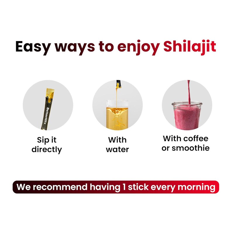 Puede incluir: Imagen que muestra tres formas de disfrutar Shilajit: directamente, con agua o con caf&eacute; o batido. El texto dice "Easy ways to enjoy Shilajit" y "We recommend having 1 stick every morning."