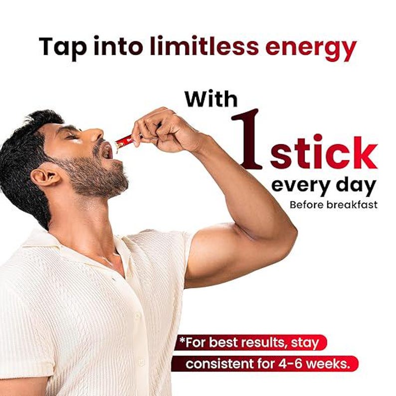 Puede incluir: Un hombre tomando un suplemento en forma de barra. El texto dice "Tap into limitless energy With 1 stick every day Before breakfast." El texto adicional dice "For best results, stay consistent for 4-6 weeks."