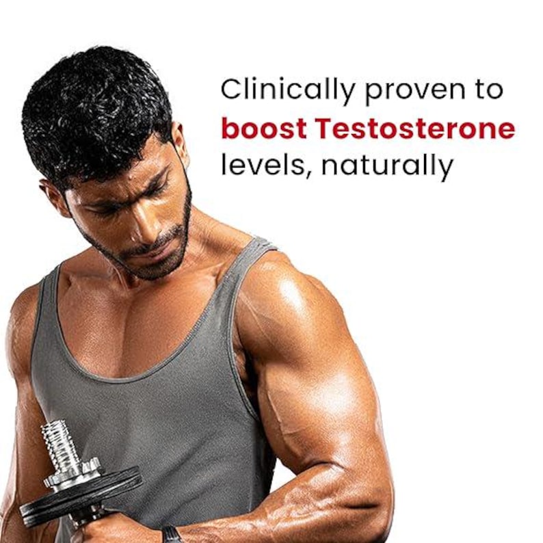 Puede incluir: Una persona musculosa con una camiseta sin mangas gris, sosteniendo una mancuerna. La imagen incluye el texto: "Cl&iacute;nicamente probado para aumentar los niveles de testosterona, naturalmente."