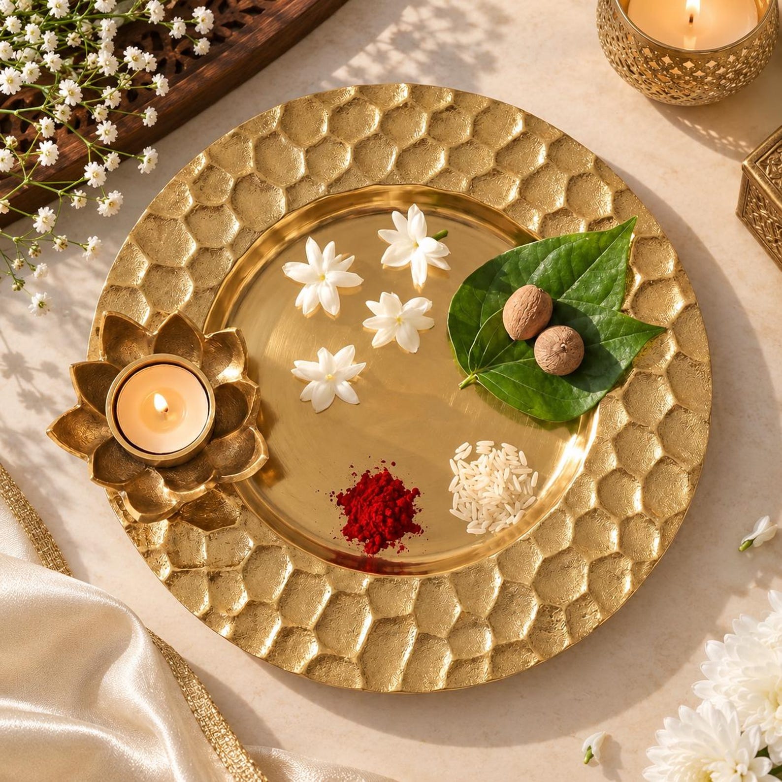 Handmade Hammered Aluminium Pooja Thali Set with Lotus Diya, Indian Ritual Plate