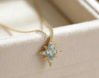 Collar Starburst chapado en oro de 14 quilates con topacio azul y diamantes de circonita cúbica. Delicada joyería celestial para mujer.