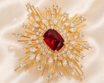 Rubinrote Sunburst Brosche, Art Deco Gold Statement Brosche, Vintage Kristall Starburst Brosche, Geschenk für Sie, Hochzeitsgast Pin