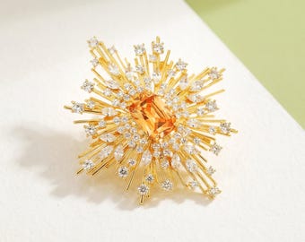 Spilla a raggiera dorata, spilla a stella con citrino arancione, spilla da bavero floreale con zirconi, accessorio da sposa fatto a mano, regalo perfetto per la festa della mamma