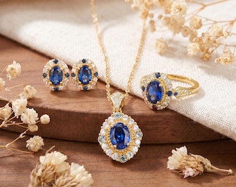 Set di gioielli con zaffiro blu reale, vermeil in oro 14 carati stile Art Déco vittoriano, pietra portafortuna di settembre, regalo di anniversario per moglie e mamma.