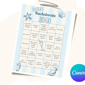 Könnte beinhalten: Eine blau-weiße Bachelorette Bingo-Spielkarte mit dem Text "SASHA'S Bachelorette BINGO". Die Karte zeigt ein Raster mit verschiedenen lustigen Aktivitäten und ist mit Muschel- und Seepferdchen-Illustrationen verziert.