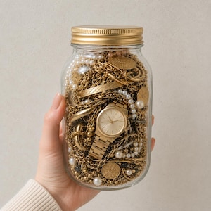 Pode incluir: Um frasco de vidro transparente com tampa de metal dourado preenchido com uma coleção de joias em tons de ouro, incluindo várias correntes de elos, pingentes circulares, fios de pérolas brancas e um relógio analógico dourado.