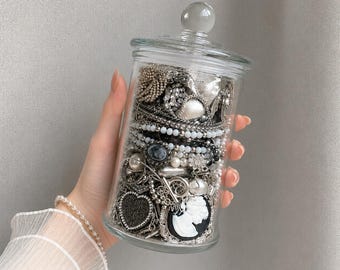 Silver Tone Mystery Jewelry Jar, Silver Aesthetic Jewelry Box, Fashion Accessories Blind Box, Curated Jewelry Gift for Women
