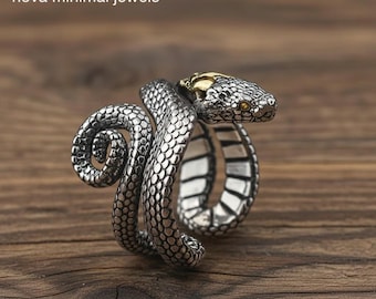 Anel de cobra, anel com serpente, joia de cobra ajustável, anel gótico de animal, anel de cobra prateado, presente unissex