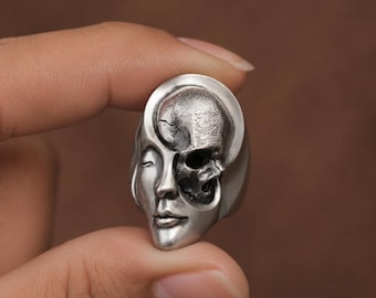 Ring met doodskopgezicht, gotische doodskopring, ring met half doodskopgezicht, gotische statementring, sieraden in donkere kunststijl, punkbikerring, Halloween-sieraden