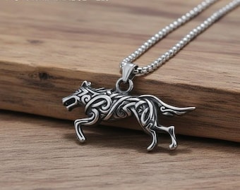 Tribal Wolf Pendant Necklace, Viking Wolf Jewelry, Stainless Steel Wolf Charm, Norse Animal Necklace for Men Women