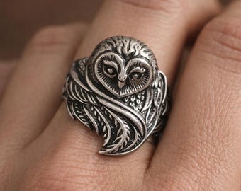 Owl Silver Tone Ring, Handmade Owl Ring for Men & Women, Vintage Animal Ring, Gothic Owl Jewelry, Statement Silver Ring