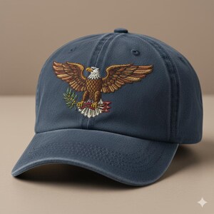 May include: A navy blue baseball cap with an embroidered American eagle design. The eagle, in brown, gold, and white, has outstretched wings and holds an olive branch and arrows. The cap has a curved peak and a classic six-panel design.