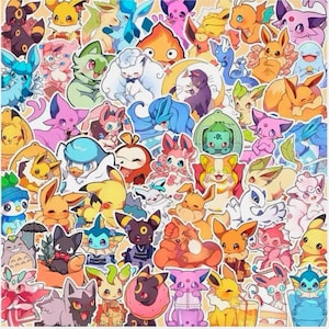 May include: A collection of cartoon character stickers in various colours and poses. The stickers are closely arranged, creating a vibrant design. The characters have large eyes and are in a variety of colours. The stickers are of various creatures.