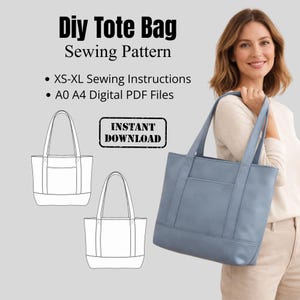 Pode incluir: Uma sacola tote azul claro com um bolso frontal, segurada por uma pessoa. A imagem inclui um padrão de costura com o texto "DIY Tote Bag Sewing Pattern", "XS-XL Sewing Instructions" e "Instant Download".