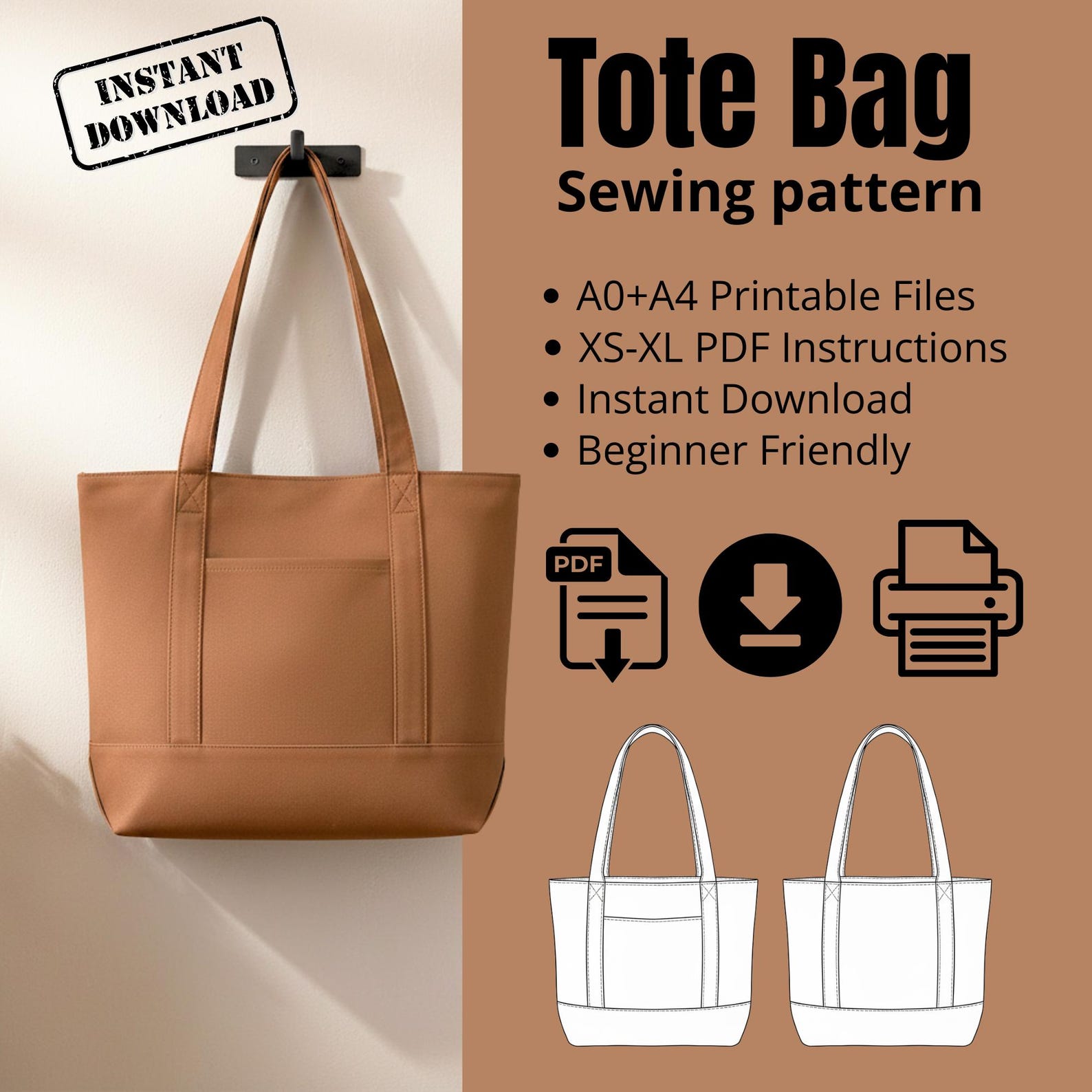 Canvas Tote Bag Sewing Pattern PDF | Minimalist Shopping Bag Pattern ...