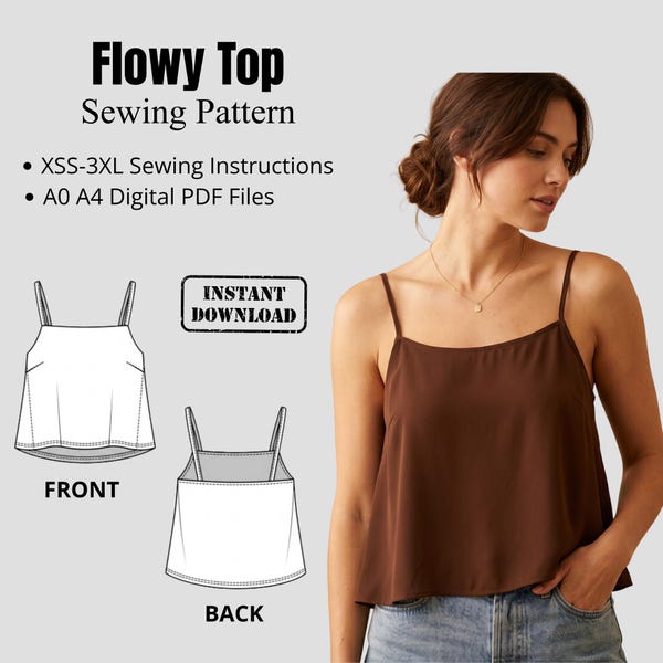 Cami Top Sewing Pattern PDF | Flowy Spaghetti Strap Tank Top Pattern | A0 A4 Digital Files | Summer Top Camisole Pattern | Beginner Friendly
