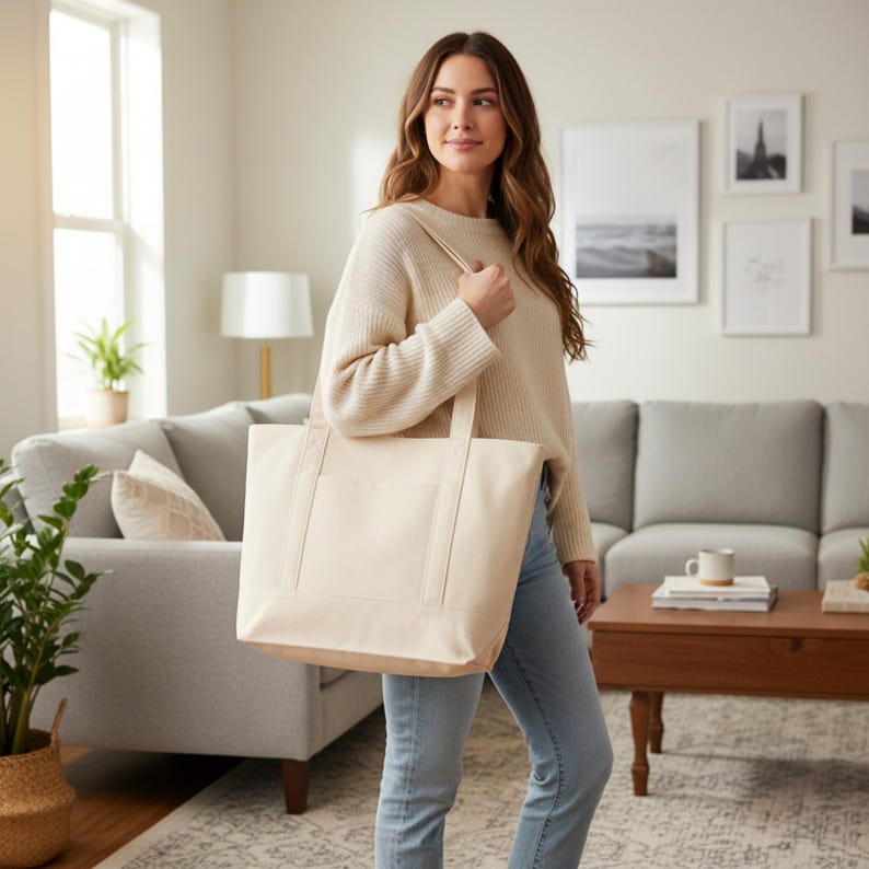 May include: A cream-colored tote bag with sturdy handles is held by a person. The bag is rectangular with a simple design, and the person is wearing a cream sweater and blue jeans. The background includes a living room setting with a couch and artwork.