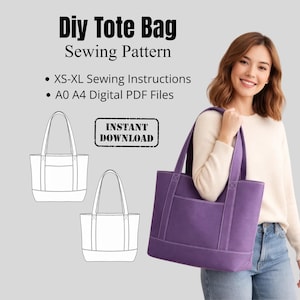 Może przedstawiać: Fioletowa torba typu tote z białymi przeszyciami, trzymana przez osobę. Obraz zawiera schemat torby oraz tekst "DIY Tote Bag Sewing Pattern", "XS-XL Sewing Instructions", "A0 A4 Digital PDF Files" i "Instant Download".