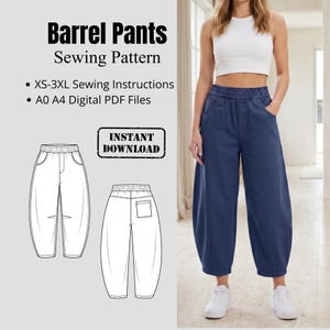 May include: A digital sewing pattern for barrel pants featuring text that reads Barrel Pants Sewing Pattern, XS-3XL Sewing Instructions, A0 A4 Digital PDF Files, and Instant Download. Includes a line drawing of the pants and a photo of blue pants.