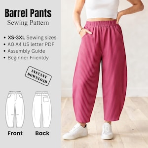 Pode incluir: Molde de costura Barrel Pants para tamanhos XS-3XL, incluindo formatos PDF A0, A4 e US letter com guia de montagem. As calças são magenta com riscas verticais brancas finas, cintura elástica e uma silhueta de perna larga.