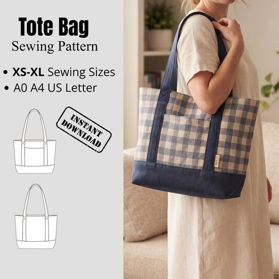 Canvas Tote Bag Sewing Pattern PDF, Instant Download, Minimalist Shopping Bag Pattern, A0 A4 Files, Beginner Friendly Sewing Instructions