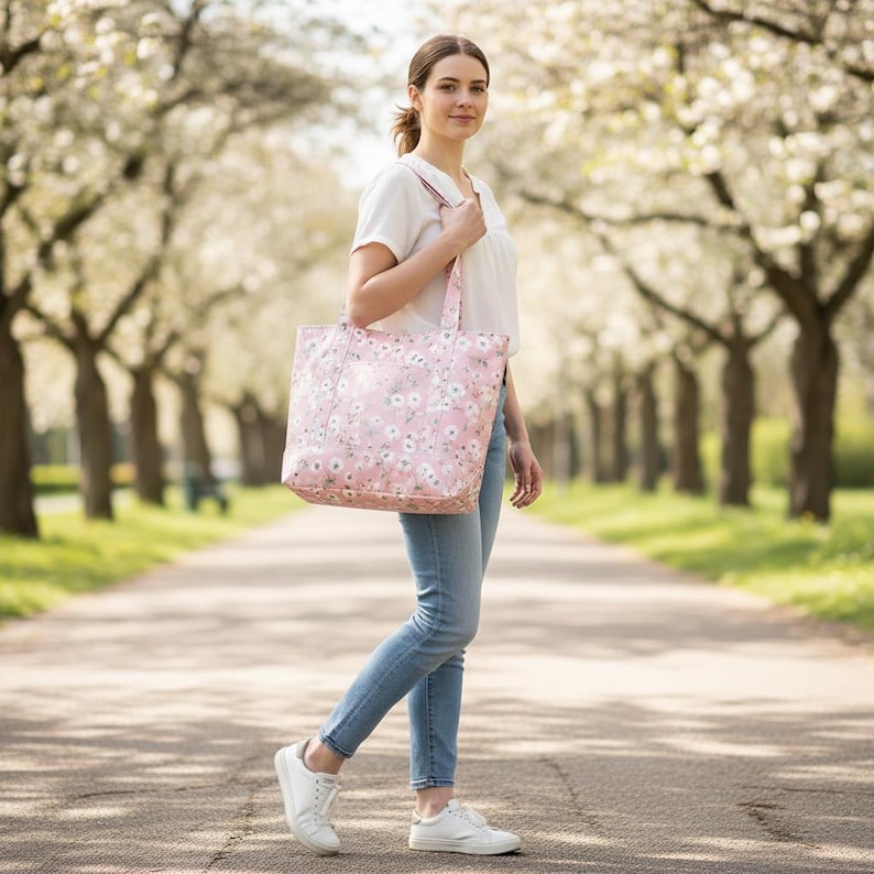 May include: A pink tote bag with a white floral pattern is carried by a person walking down a path lined with trees. The bag has matching handles and a rectangular shape. The person is wearing a white shirt, blue jeans, and white sneakers.