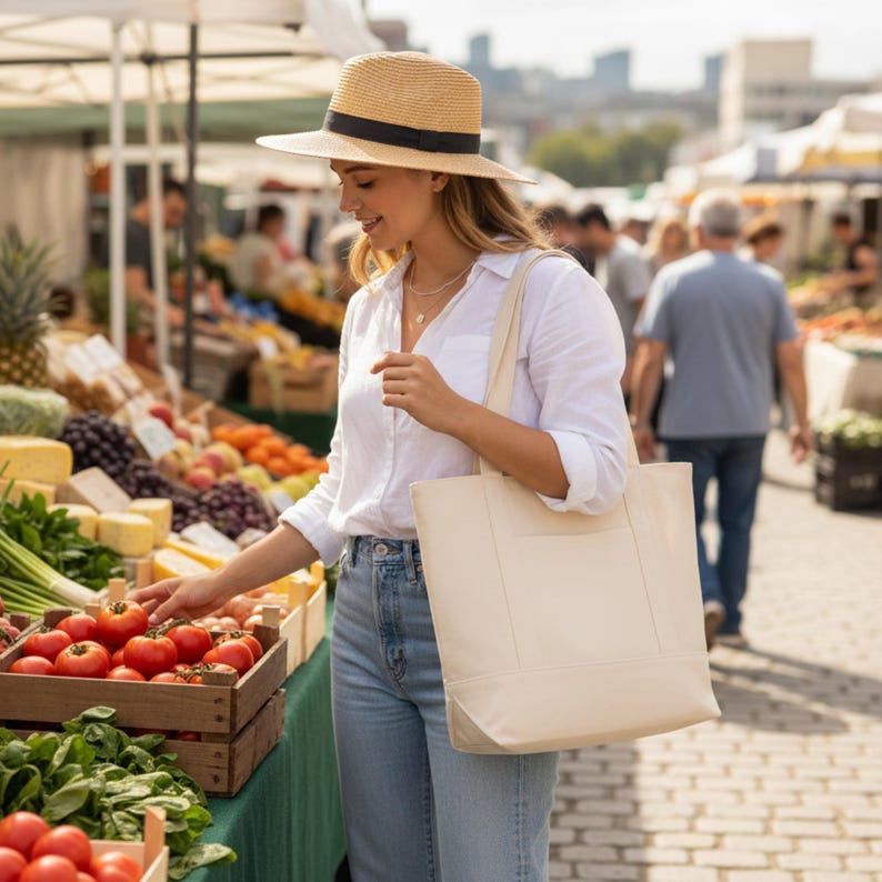 May include: A woman wearing a straw hat and carrying a cream-colored tote bag at an outdoor market. She is selecting tomatoes from a wooden crate. The market features various fruits and vegetables.