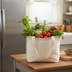 May include: A beige canvas tote bag filled with fresh produce, including tomatoes, lettuce, celery, an apple, and a baguette. The bag sits on a wooden table in a kitchen setting, suggesting a focus on groceries and healthy eating.