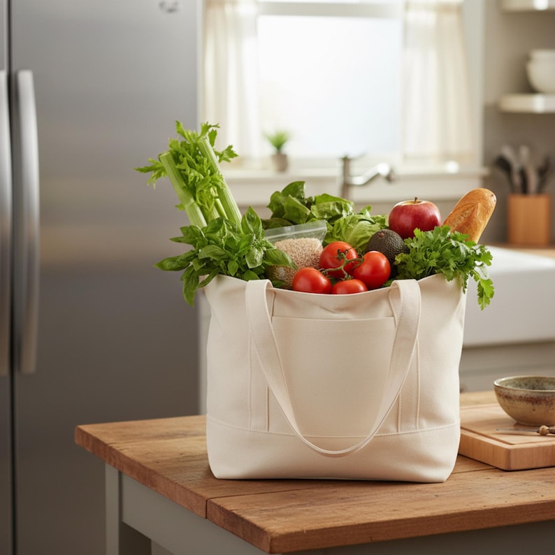 May include: A beige canvas tote bag filled with fresh produce, including tomatoes, lettuce, celery, an apple, and a baguette. The bag sits on a wooden table in a kitchen setting, suggesting a focus on groceries and healthy eating.