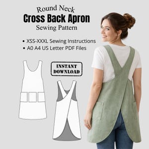 Peut inclure: Une femme porte un tablier croisé vert sauge avec de grandes poches. L'image comprend un motif de couture avec le texte "Round Neck Cross Back Apron Sewing Pattern" et "Instant Download". Le patron comprend des instructions de couture XSS-XXXL.