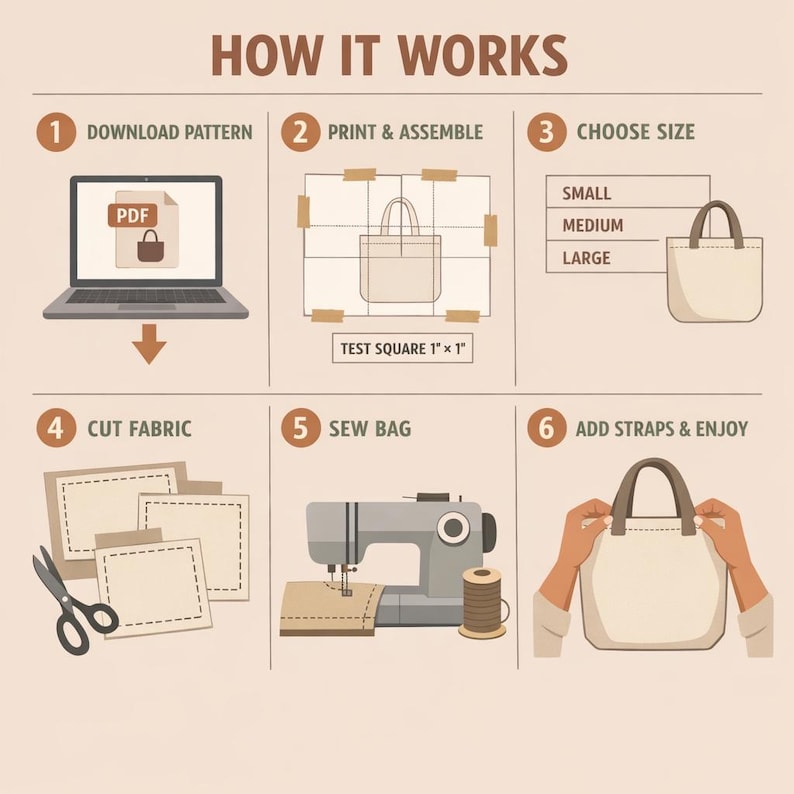 May include: An illustrated guide titled "HOW IT WORKS" shows the steps to create a tote bag. Instructions include downloading a PDF pattern, printing, assembling, choosing a size, cutting fabric, sewing, and adding straps. The image includes a laptop, sewing machine, and scissors.